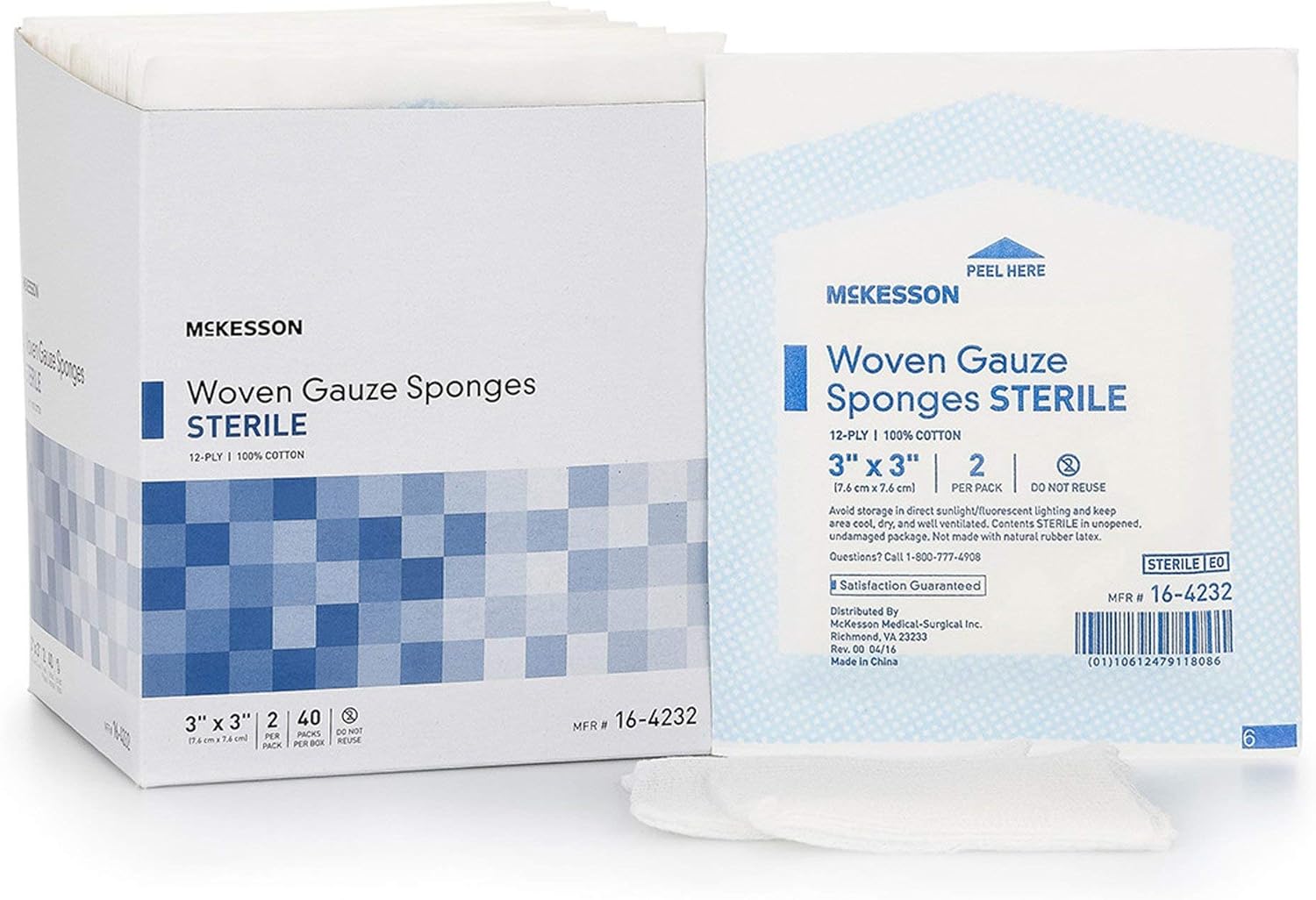 McKesson Woven Gauze Sponges, Sterile, 12-Ply, 100% Cotton, 3 in x 3 in, 40 per Pack, 30 Packs, 1200 Total