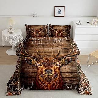 Homewish Noble Deer Comforter Set Queen Size,Old Wooden Door Bedding Set 3pcs for Kids Teens Girls Boys Room Decor, Floral Wild Animal Quilt Set Brown Duvet Insert with 2 Pillowcases