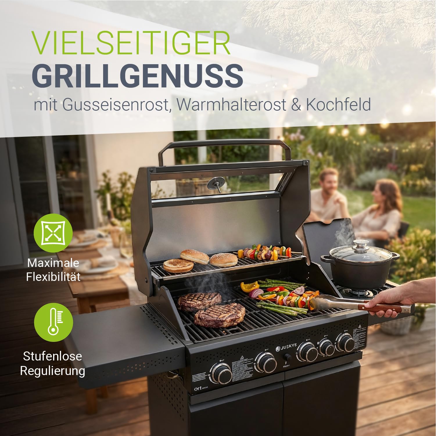 Juskys BBQ Gasgrill Savannah - 4 Brenner und 1 Seitenbrenner - XXL Stahl Gas Grill mit Gusseisen Grillrost, Kochfeld, Unterschrank für Gasflasche