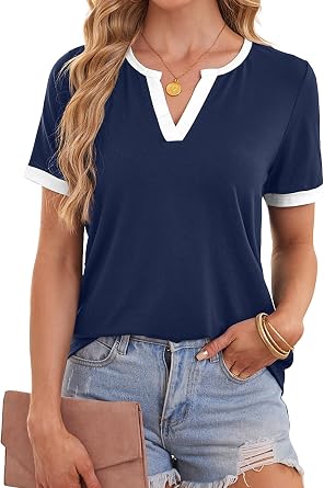 LilyCoco Womens Short Sleeve Shirt Striped Crewneck Tops