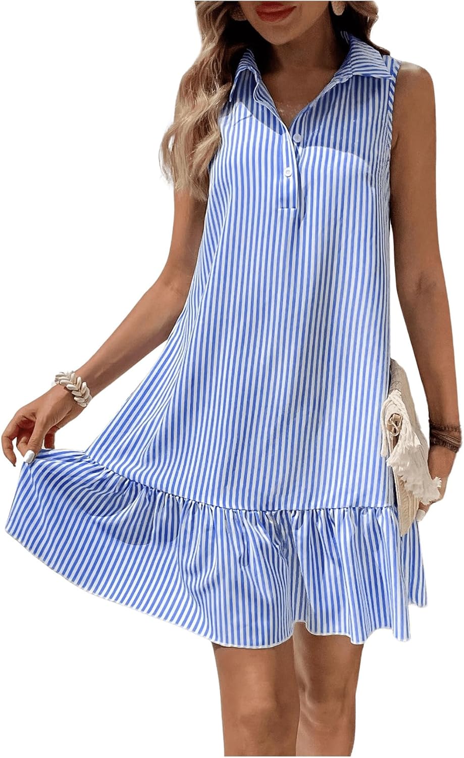 Floerns Women's Collar Neck Shirt Dress Striped Print Sleeveless Swing Shift Dress Large Blue and White