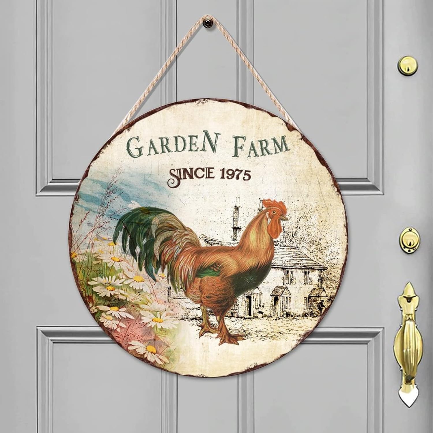 Rooster Wall Hanging Sign Plaque, Garden Farm Since 1975 Wood Door Sign, Vintage 16x16in Round Door Hanger Sign Farmhouse Backyard Door Hanger Wall Decor Housewarming Gifts