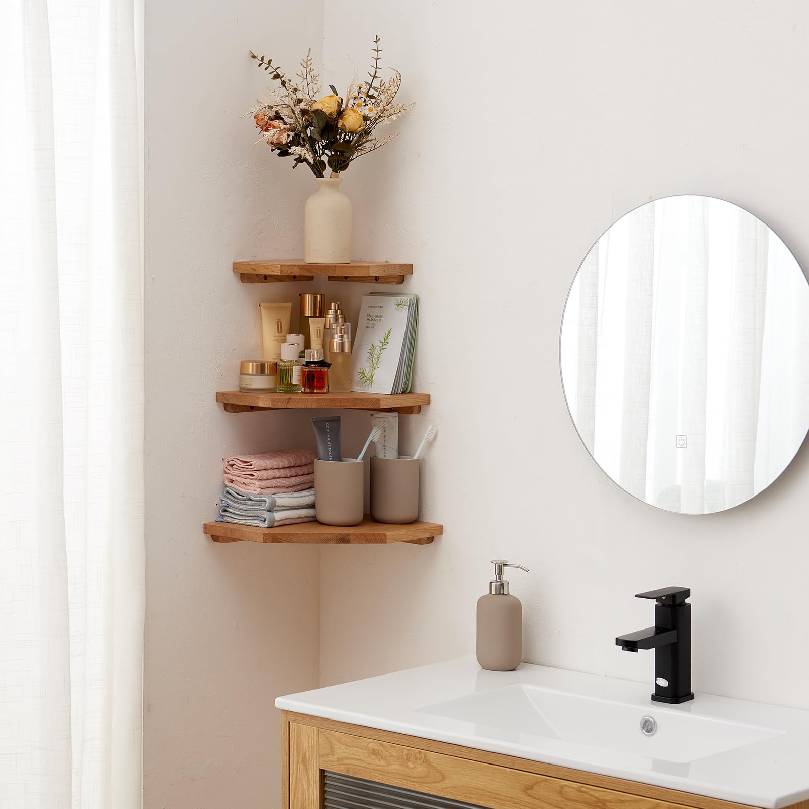 Estante de Esquina de Roble, Estantes Flotantes Estantería Esquina de Madera Maciza Estante de Pared para Cocina, Dormitorio, Salón (22 cm)