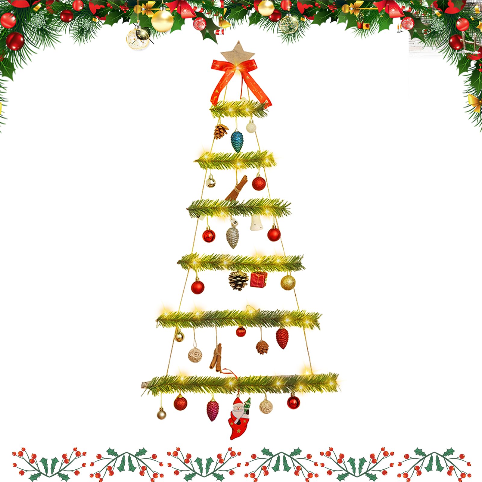 ACAREY Weihnachtsdeko LED Weihnachtsbeleuchtung Aus Holz, 113CM Wand Weihnachtsbaum Beleuchtung Fensterbeleuchtung, LED Lichterkette Sterne Licht Für Innen Außen Weihnachtsdeko Fenster (Grün)