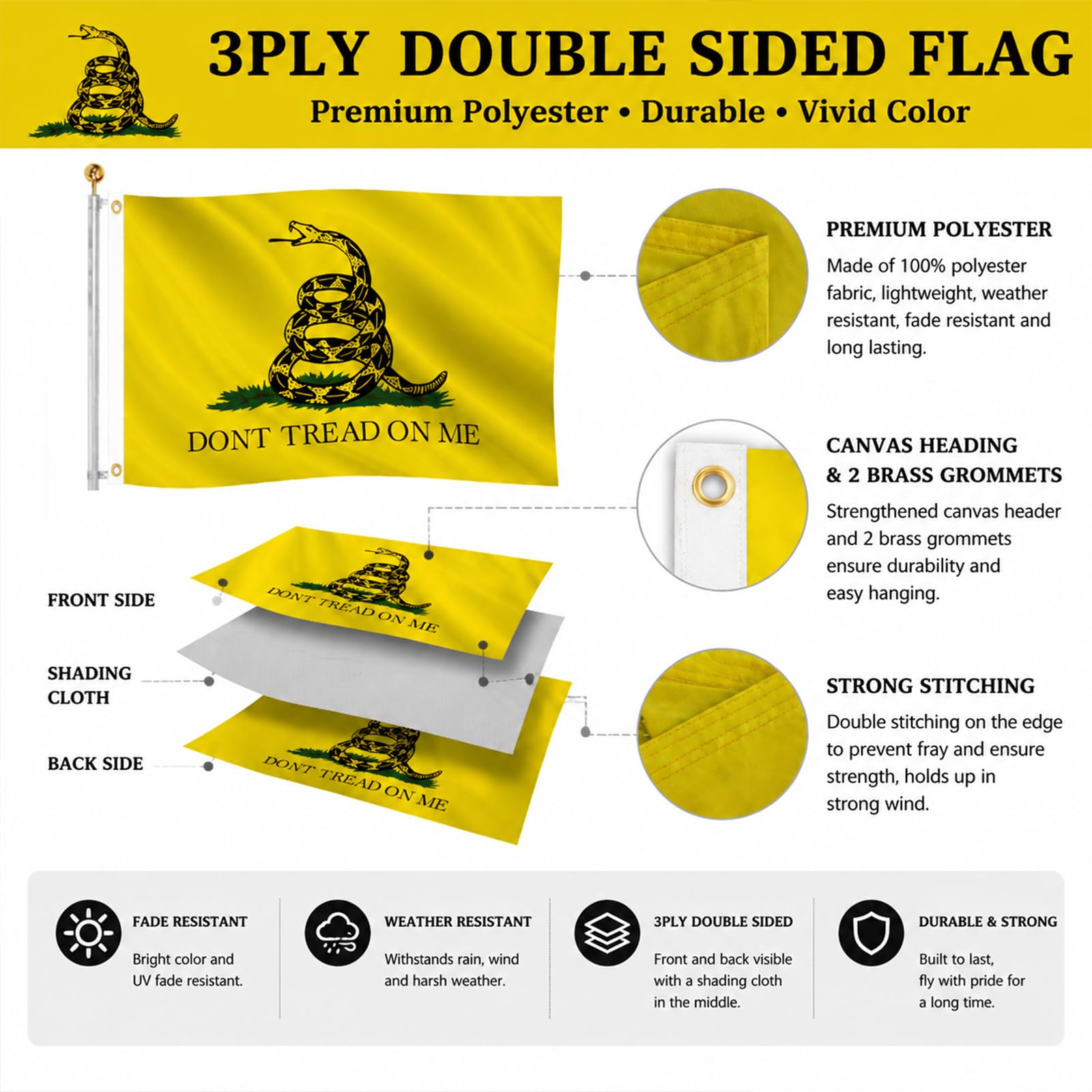 HYPOYH dwustronna flaga Gadsden 3 x 5 na zewnątrz - odporna na blaknięcie UV 3-warstwowa flaga Dont Tread On Me Flags Baner - Libertariańska flaga płócienny nagłówek z potężnym wężem