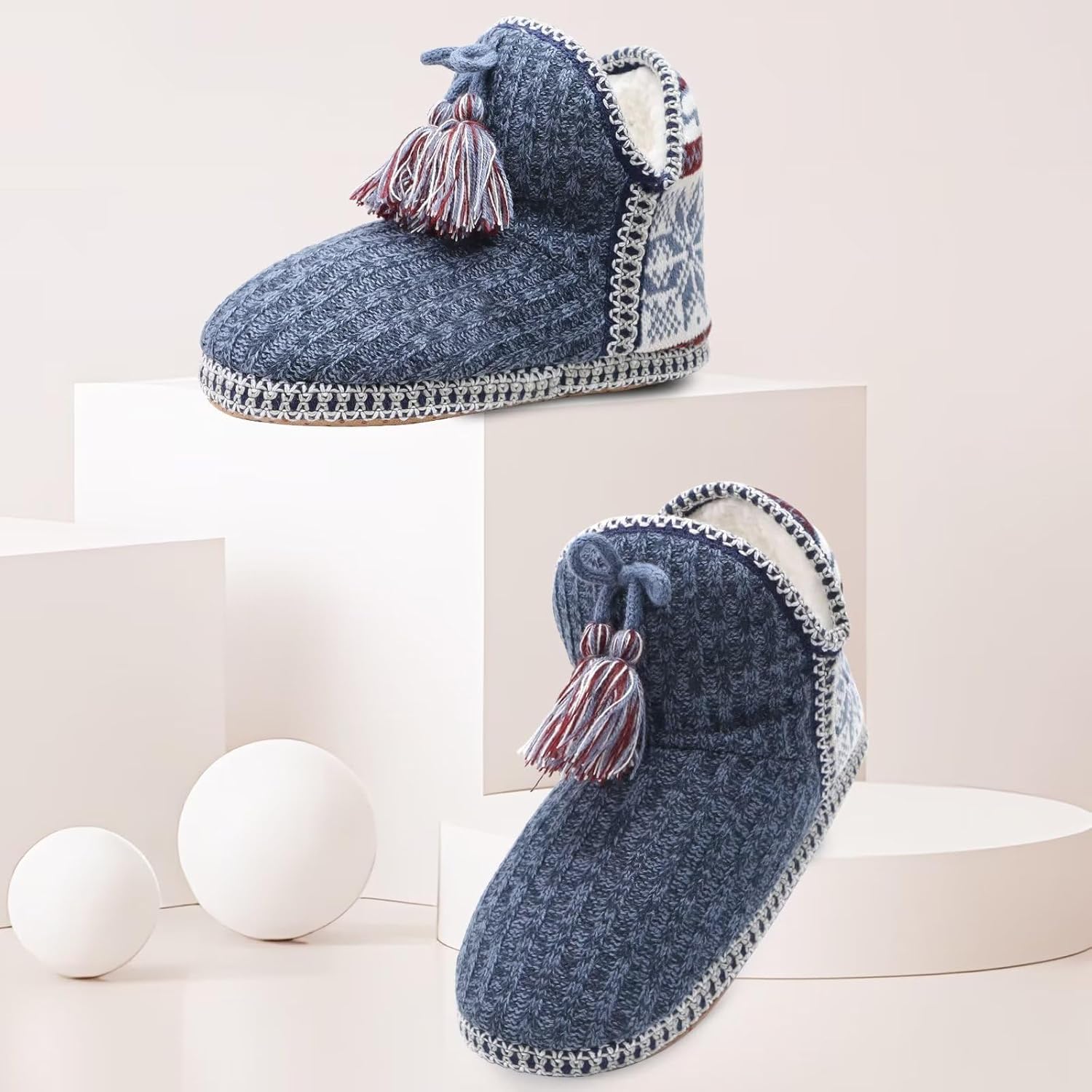 GPOS Women's Faux Cashmere Knit House Slipper Booties Cotton Quilted Warm Indoor Ankle Boots - Image 3