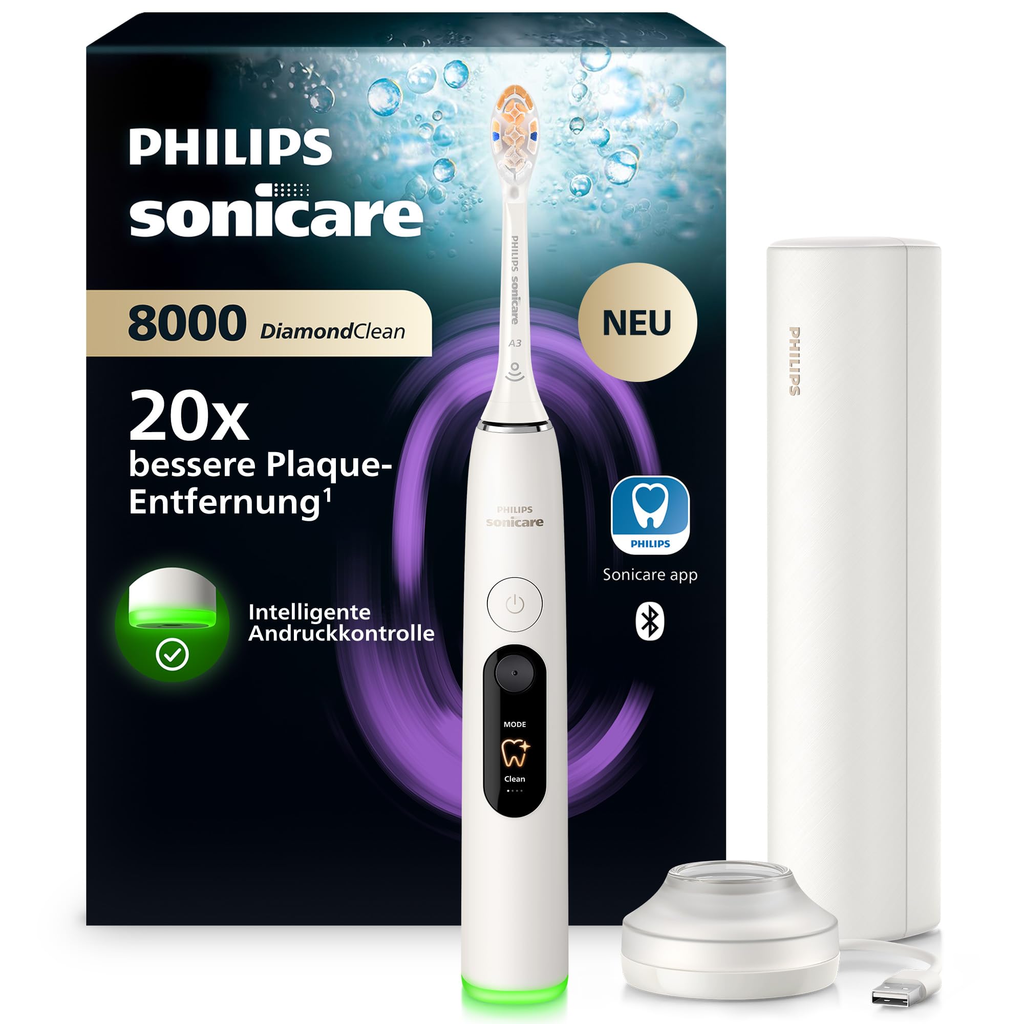Philips Sonicare Next-Generation DiamondClean 8000 elektrische Zahnbürste - mit intelligenter Andruckkontrolle und 15 Einstellungen, Pulverweiß, HX8311/11