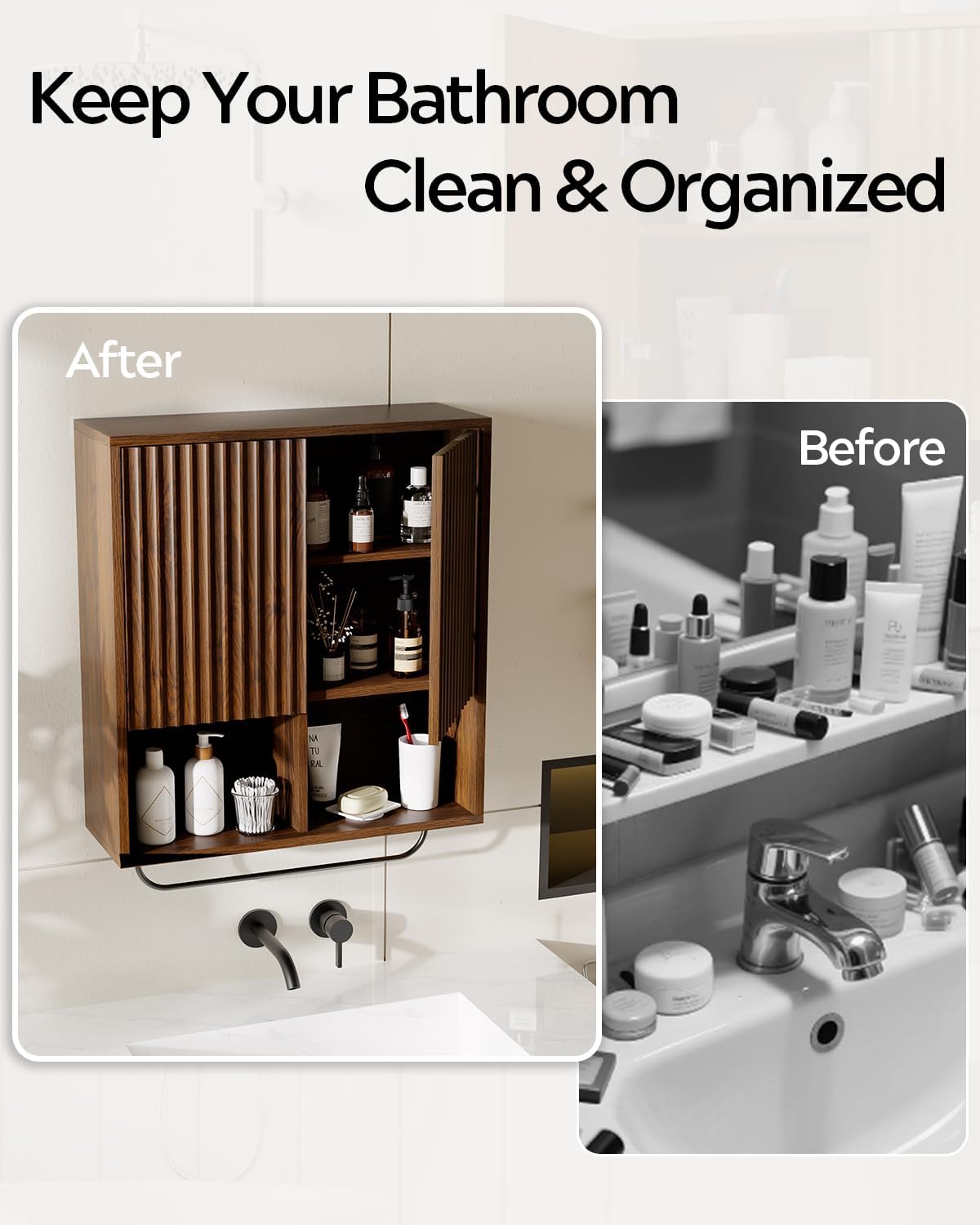 Fluted Wall Cabinet, Modern Medicine Cabinet Bathroom with Doors and Adjustable Shelf Towel Rack Wood Storage Cabinet for Kitchen Dining Room Living Room, Brown