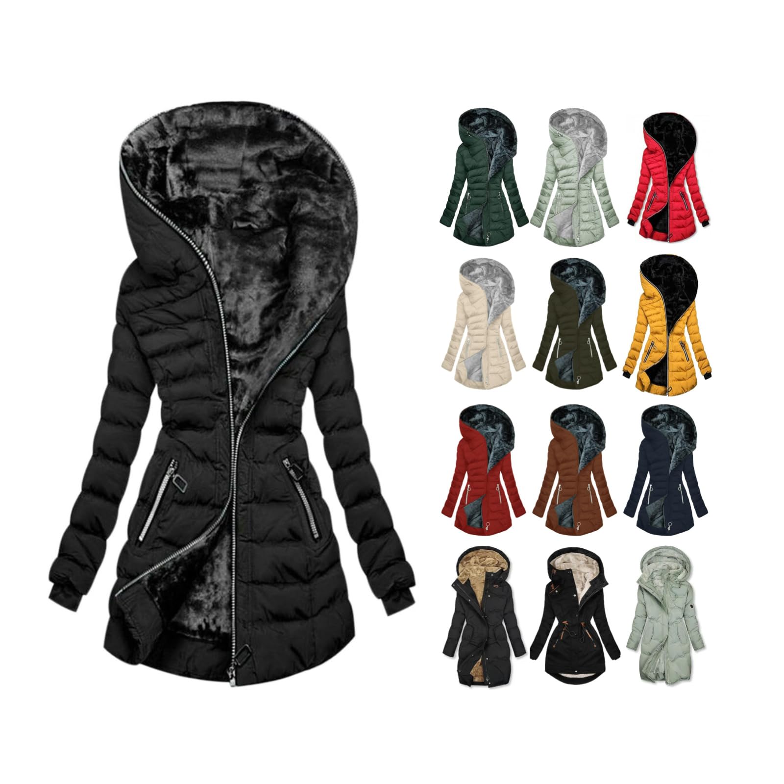 Steppjacke Damen Winter Warmer Winterjacke Lang Baumwolle Pufferjacke mit Kapuze Wintermantel Gefüttert Fleece Daunenjacke Slim Fit Fleecejacke Einfarbiges Mode Mantel Outdoor Trachtenjacke
