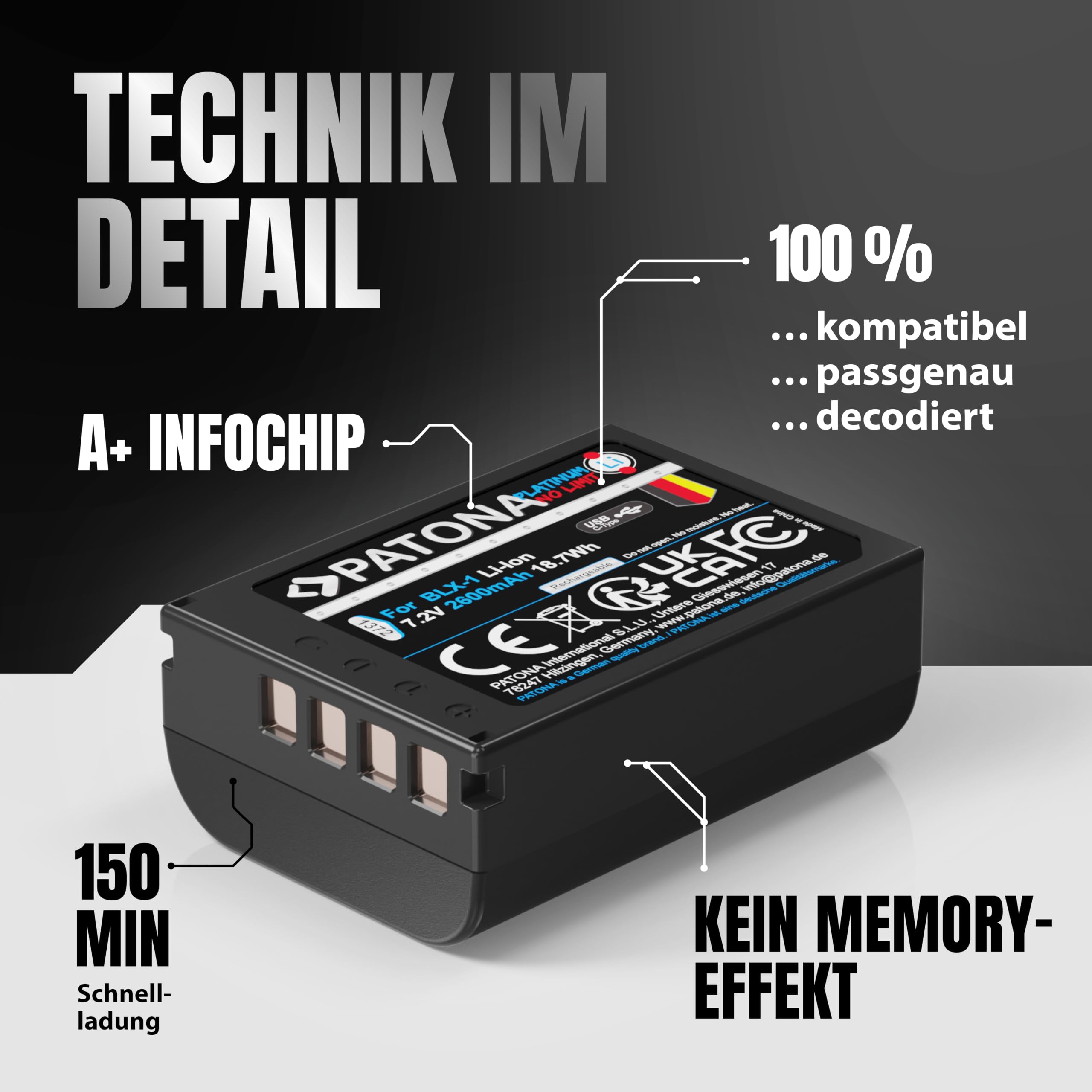 PATONA USB-C Platinum Akku Ersatz für Olympus BLX-1 BLX1 Battery 2600mAh