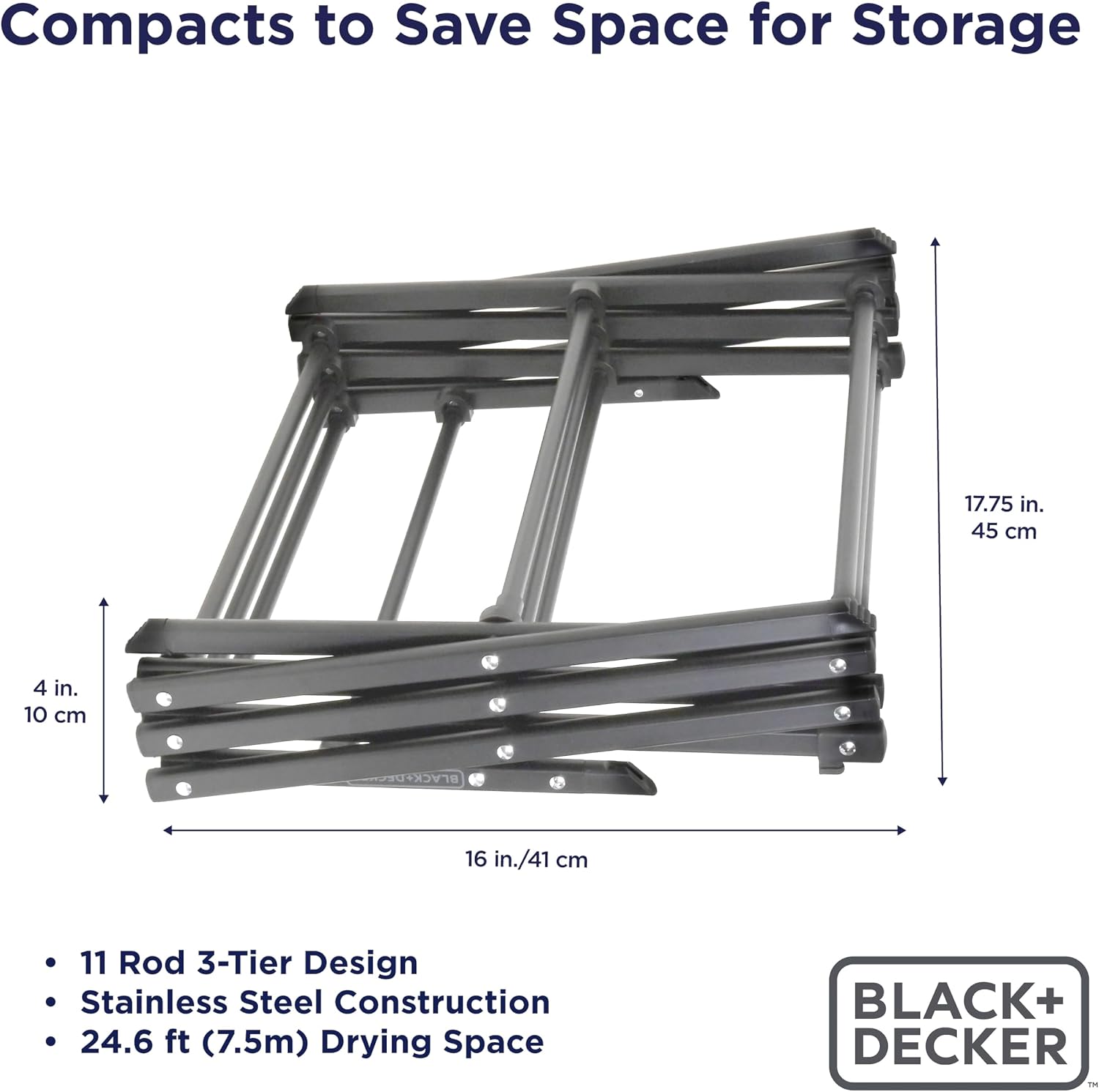 BLACK+DECKER Space Saving 3-Tier Expandable Clothes Drying Rack, Foldable Laundry Rack for Indoor Air Drying, Rust Resistant Steel, 24.6 Ft Drying Space, Grey