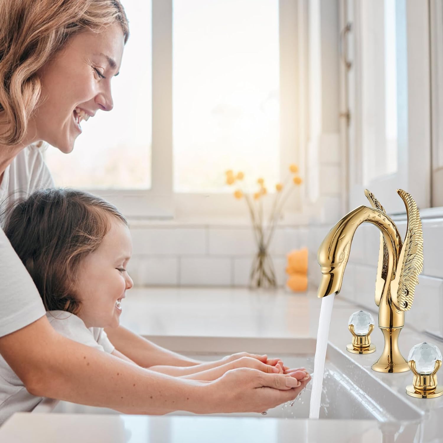 Widespread Bathroom Facuet Gold Swan Bathroom Sink Faucet 3 Hole 2 Handle Crystal Bathroom Vanity Faucets Modern Faucet Bathroom Sink High Arc Waterfall Lavatory Basin Sink Faucet