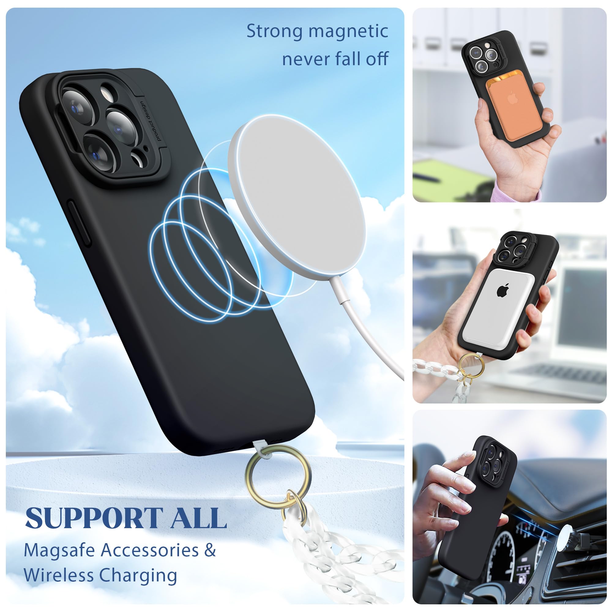 Pcgaga Designed For IPhone 15 Case And Screen Protector, Silicone Phone Cover With MagSafe, Adjustable Stand Around Camera, Shockproof Full Body