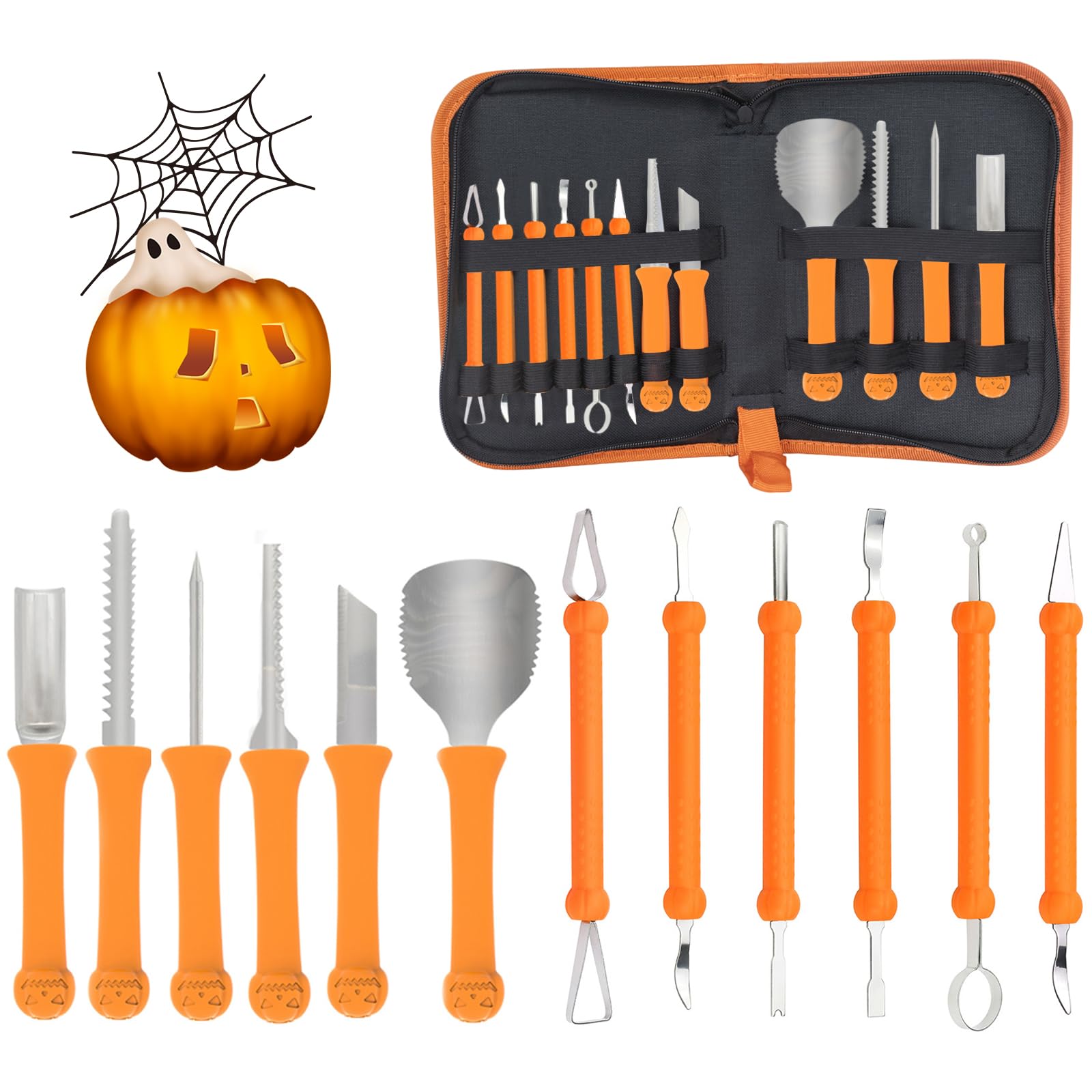 13 PCS Pumpkin Carving Kit Tools Halloween, Professional Heavy Duty Carving Set with Detail Sculpting Tools, Double-side Stainless Steel Knife Set with Carrying Case for Halloween Decoration