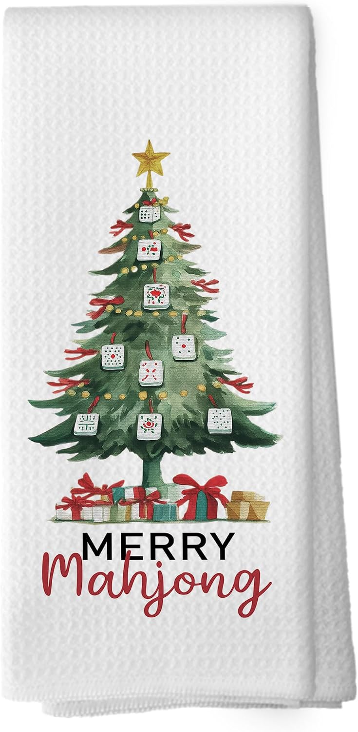 Christmas Mahjong Tree Kitchen Towels - Mahjong Gifts Dish Towels, Winter Christmas Tree Holiday Decorative Absorbent Dishcloths Hand Towel for Kitchen Bathroom Decor 16x24 Inches