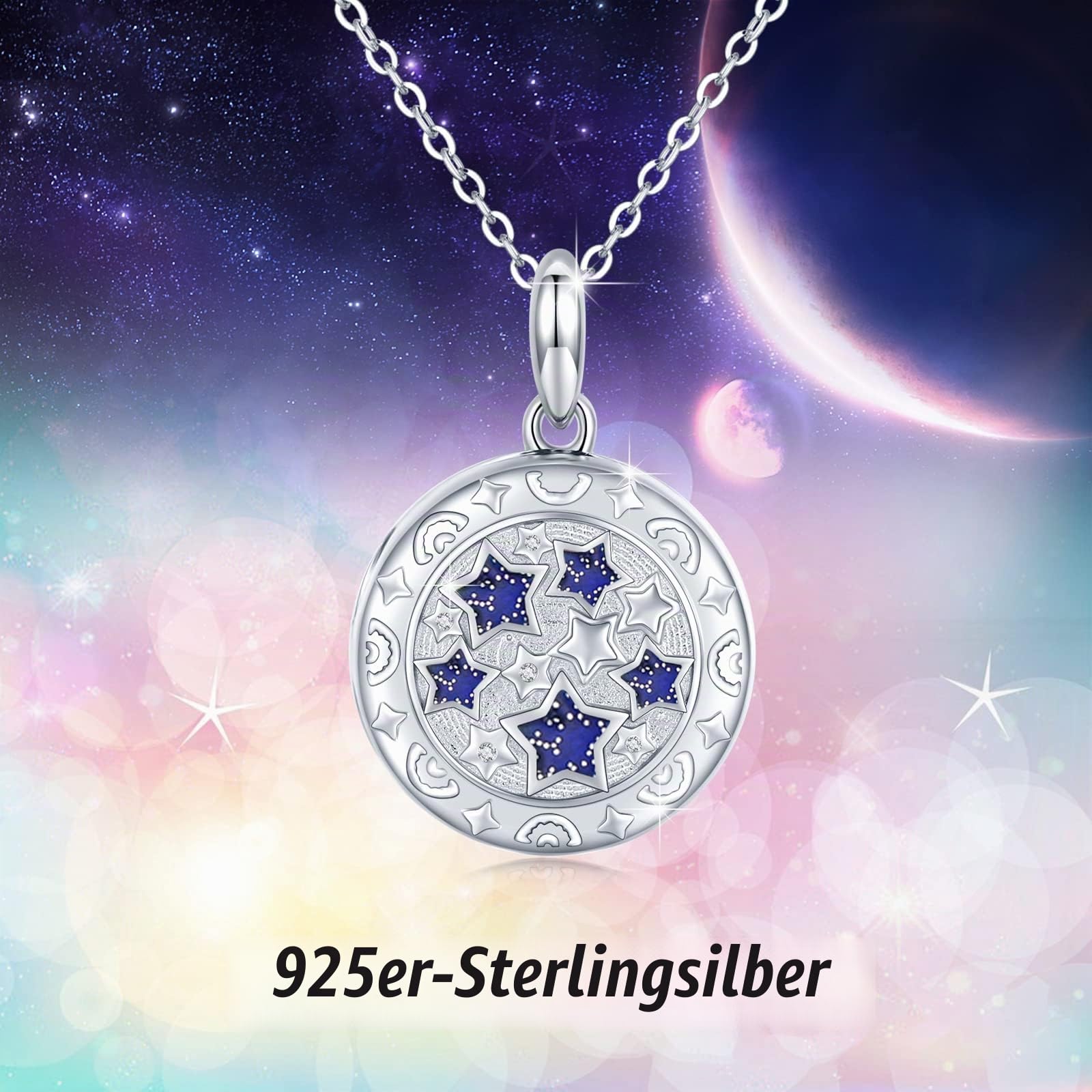 Medaillon Kette Damen Sterling Silber 925 Opal Stern Halskette Amulett Medaillon Runde Anhänger Zum Öffnen für Bilder Foto,Opal Schmuck Valentinstag Geschenke für Freundin Frau Mädchen Kinder