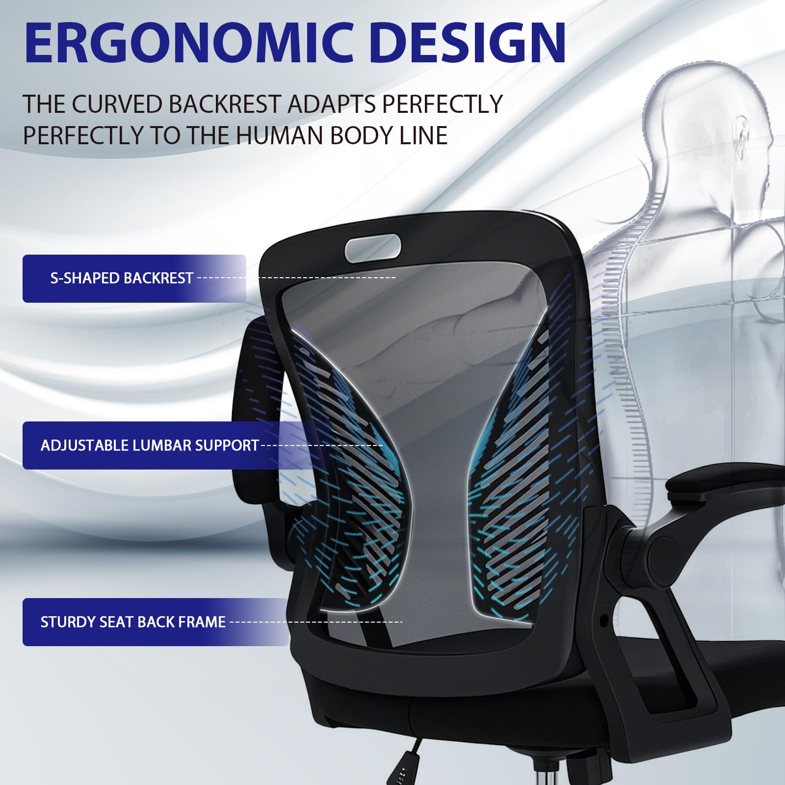 Milacyee Chaise de Bureau Ergonomique, Accoudoirs Rabattables 90°, Support Lombaire, Maille Respirante, 120° Inclinaison（Ne Peut Pas être verrouillé）, Roues Silencieuses 360°, Charge 102kg