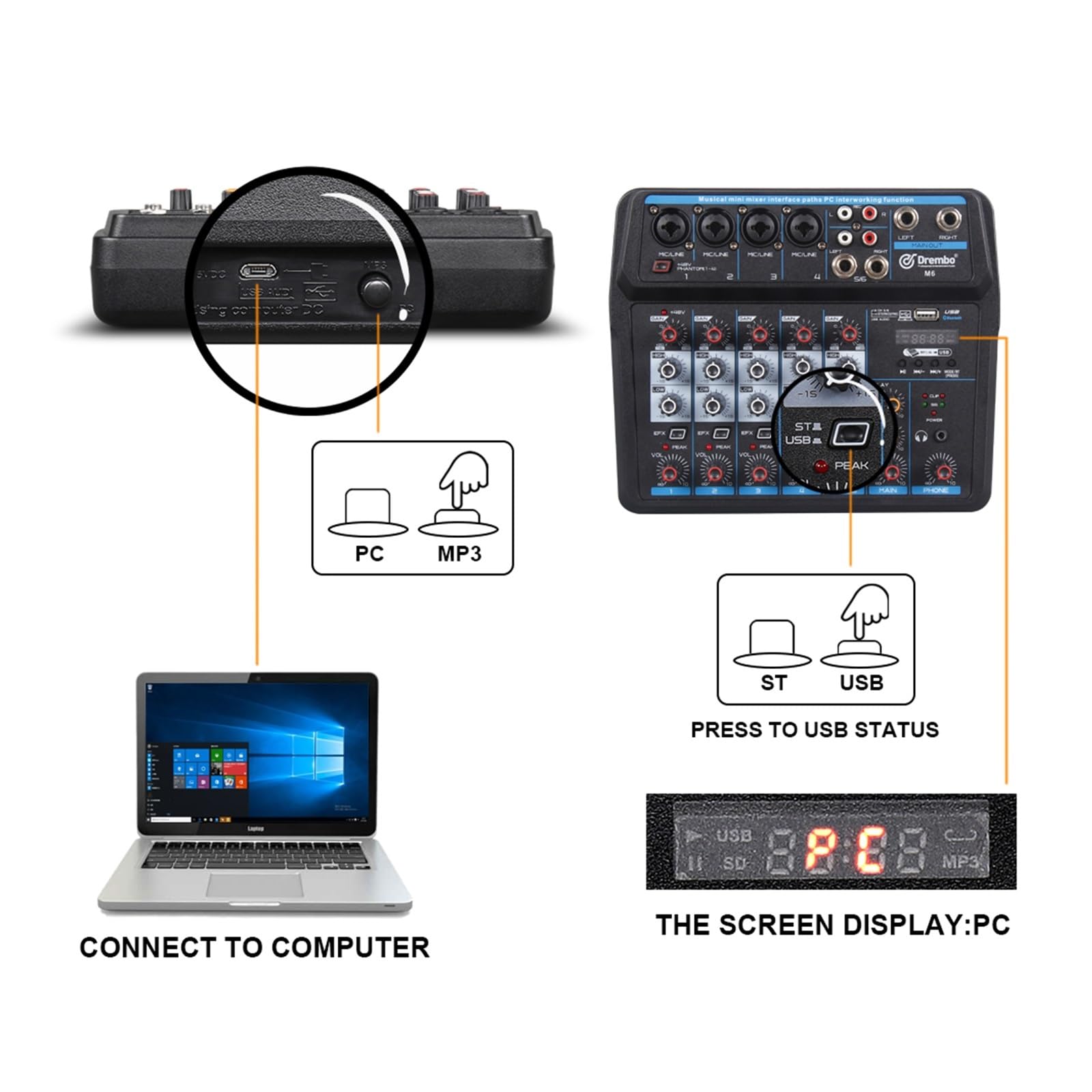 Mikser audio Mikser DJ M4 M6 Aduio z kartą dźwiękową Bluetooth do nagrywania na komputerze, mikrofonem i interfejsem do miksowania instrumentów(6 Channels)