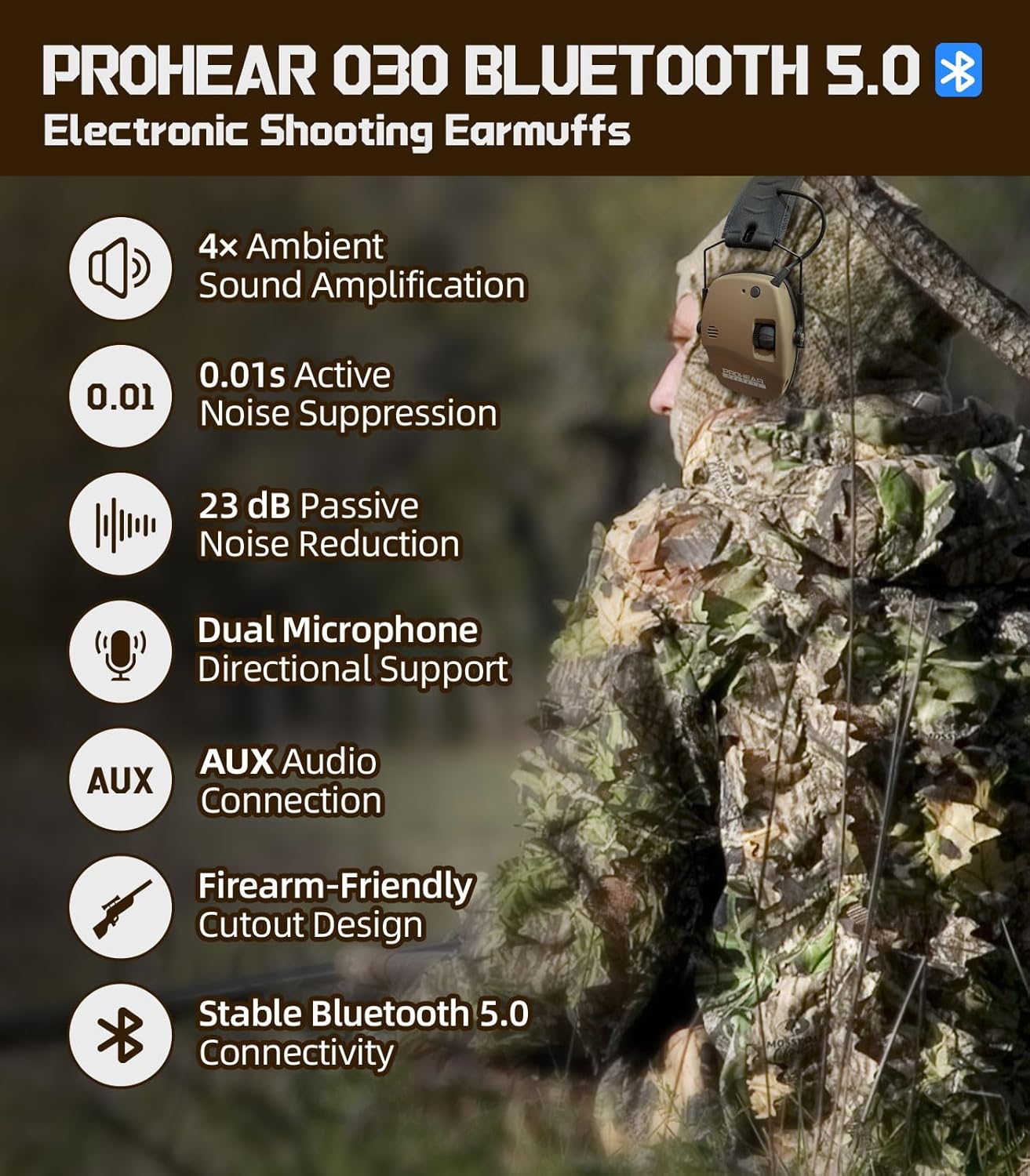 PROHEAR 030 Bluetooth Shooting Ear Protection with Gel Pads, Slim Noise Cancelling Earmuffs, NRR 22dB for Hunting & Tactical Gun Range - BROWN - Image 2
