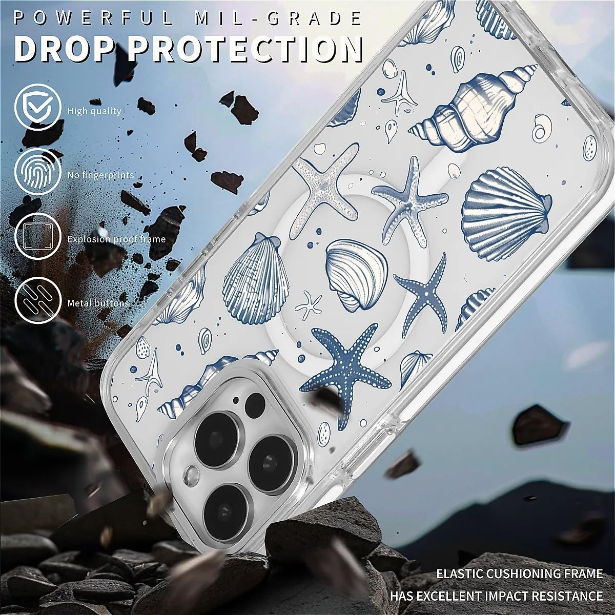 Compatible with iPhone 16 Pro Case for MagSafe, Clear White with Ocean Shells Design Drop Proof Rugged Magnetic Charge Shockproof for iPhone 16 Pro - Image 4