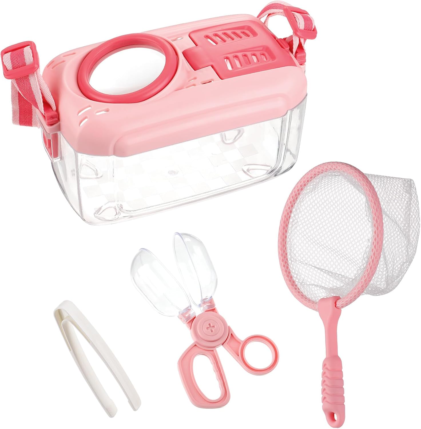Biubee Bug Catcher for Kids - Sturdy Bugs Catching Kit Gifts with Butterfly Net Collector Insect Catcher Tweezer, Pink Bug Habitat Outdoor Explorer Kit for Girls Age 3 4 5 6 7 8