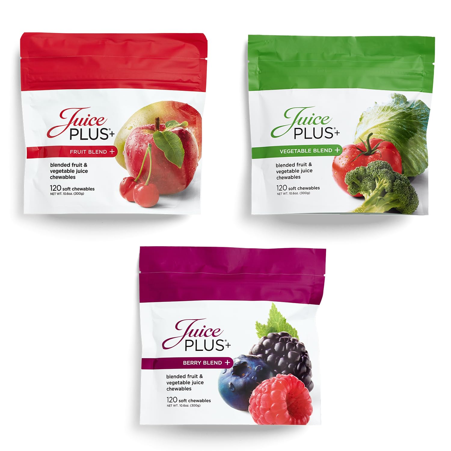 Juice Plus+ Fruit, Vegetable & Berry Blend Soft Chews (Chewables) - 30 Plant-Based Ingredients! Vegan Gummies for Kids & Adults - Gluten-Free, Non-GMO, No HFCS - Prepacked 3 Pouches (30 Chews Each)