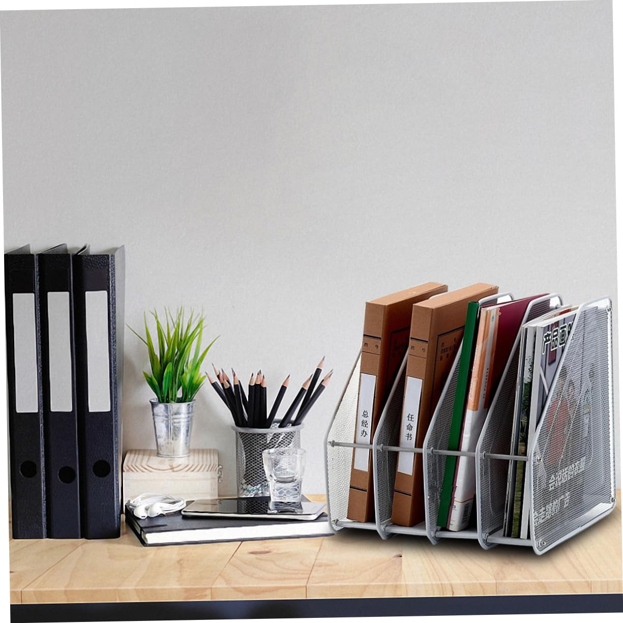 Organizzatore da Scrivania in Metallo a 4 Scomparti | Argento, 31x30x30cm, per Casa e Ufficio, Struttura Autoportante per Documenti e Quaderni