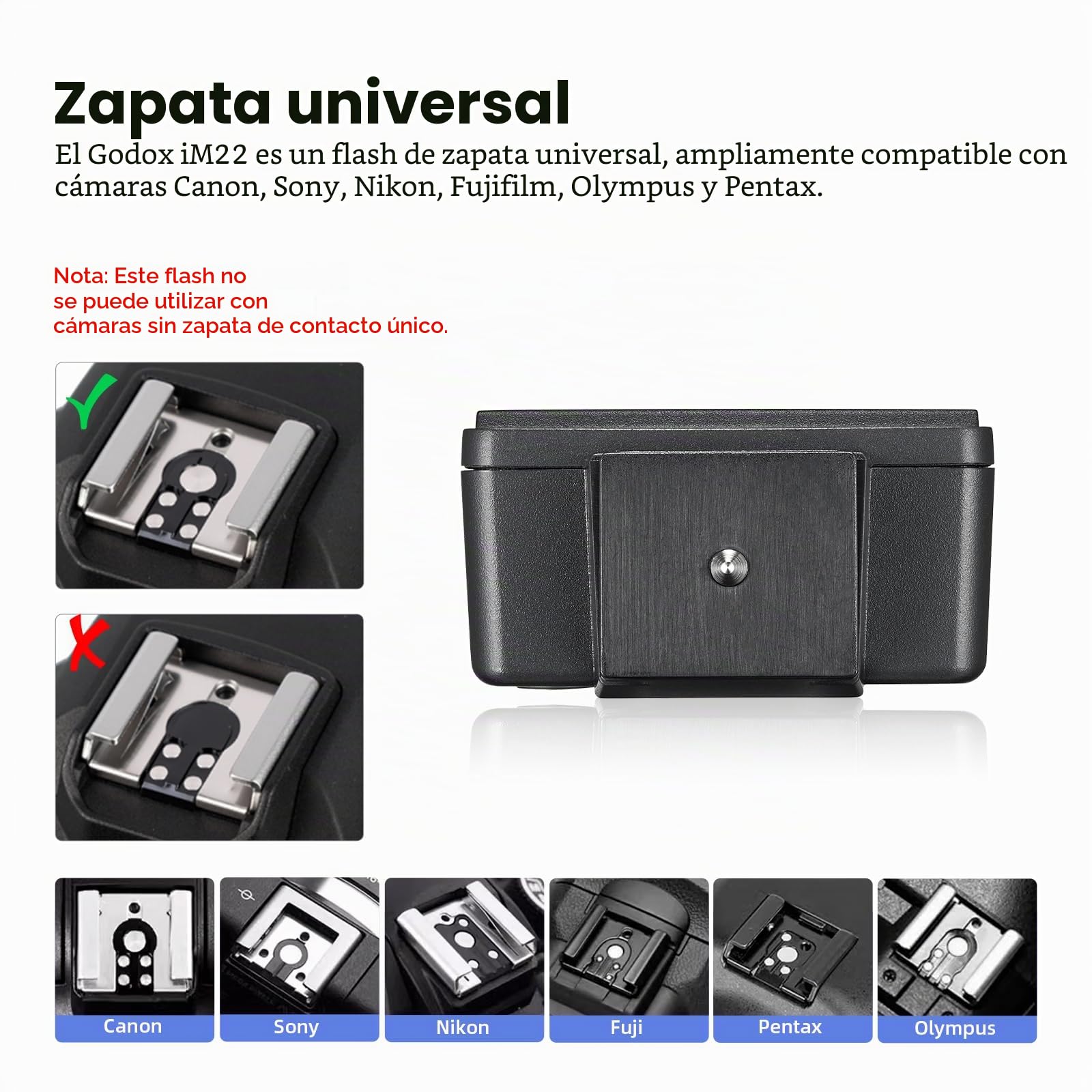 Godox iM22 - Cámara flash compacta, 5 niveles de potencia, 440 flashes de plena potencia, diseño de garra de contacto único, compatible con múltiples marcas