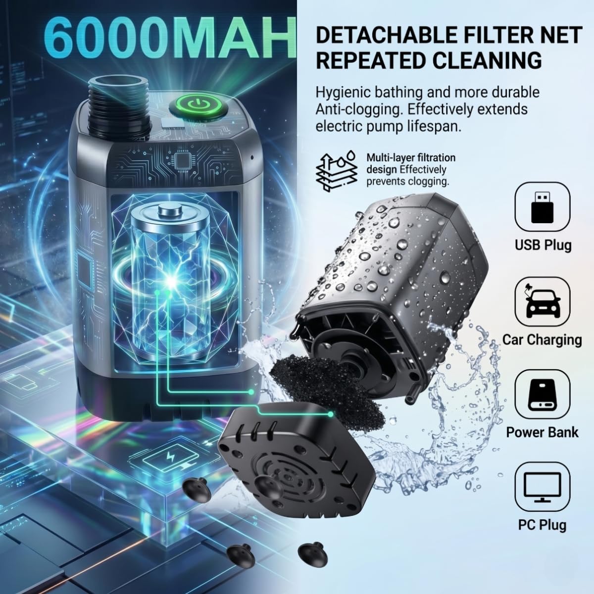 Douche portable avec chauffage, pompe de douche de camping portable à batterie 6000 mAh avec chauffage automatique de 1500 W, seau pliable de 19 litres, affichage numérique – Idéal pour la randonnée