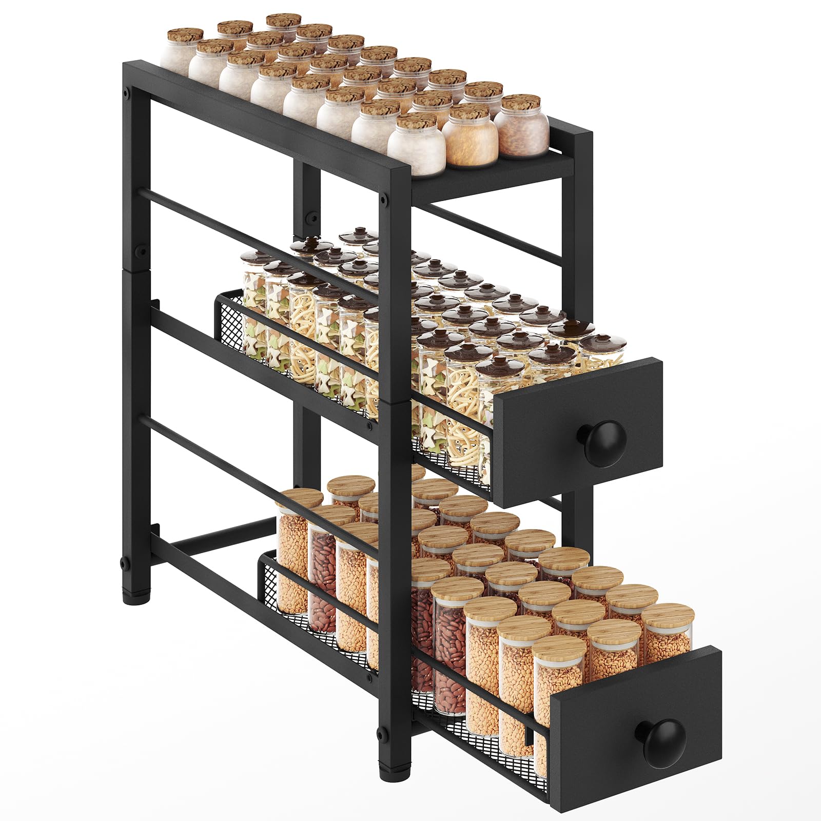 YATINEY Étagère à Épices à 3 Niveaux, Organisateur Étroit pour Plan de Travail de Cuisine avec 2 Tiroirs, Rangement Café avec Tiroirs Coulissants, pour Capsules de Café, XSR02BB