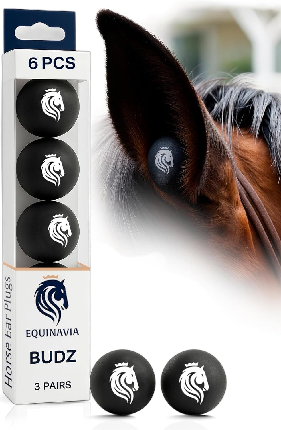 Equinavia BudZ Horse Ear Plugs, Soft PU Foam Design, Reusable Equine Ear Plugs for Horses, Noise Reduction Support for Shows, Performance Training, Grooming, Travel, Comfortable Secure Fit, 6 Count