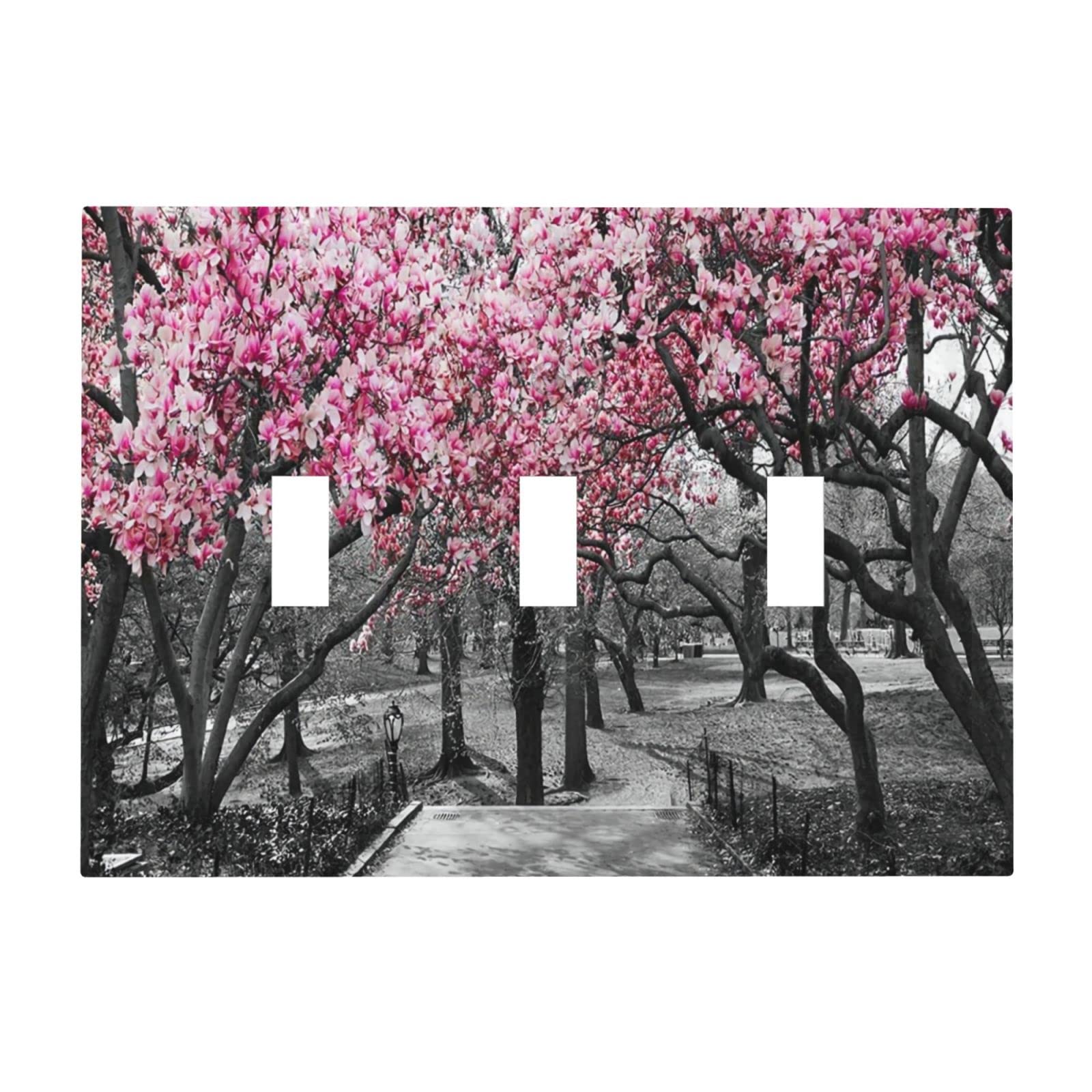 Blooming Pink Gray Forest Flowers Cherry Triple Toggle Light Switch Cover 3 Gang Wall Plate Decorative Electrical Switchplate Home Faceplate for Kitchen Bedroom Decor 4.8 x 6.7 In