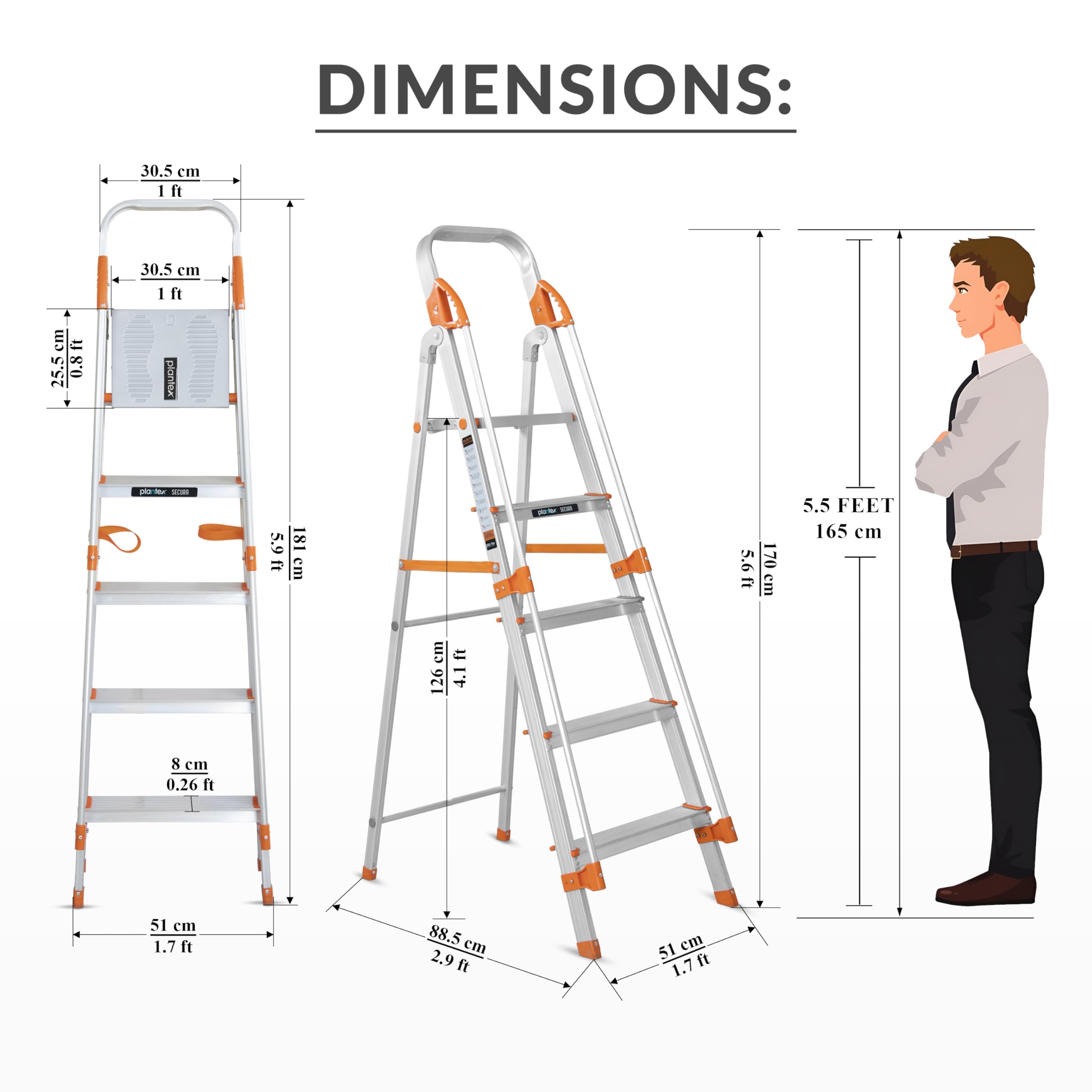 Plantex 5 Step Ladder - Aluminium, Anti-Skid -2