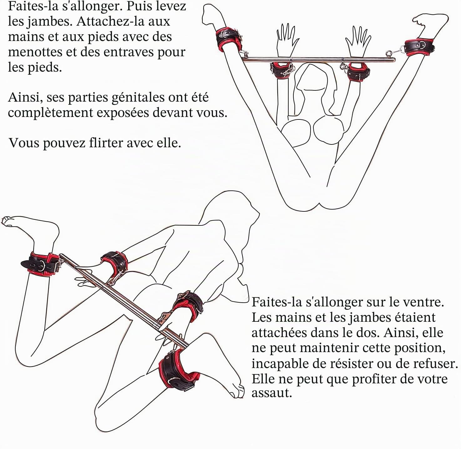 Barre de contrainte / bondage Barre d'écartement en métal réglable avec menottes pour poignets et chevilles