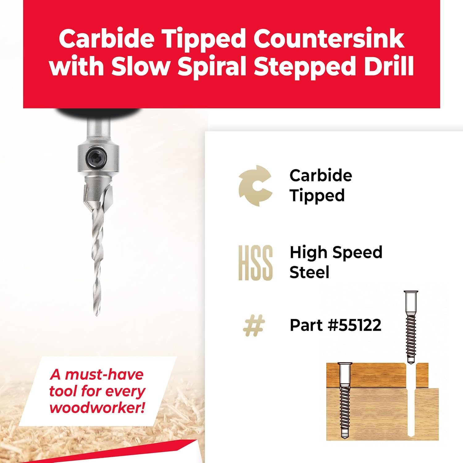 Amana Tool Carbide Tipped 82 Degree Countersink with Slow Spiral Stepped Drill, 55122, 6 and 8 Screws, 25/64 D x 5/32 Diameter x 5/16 Round Shank