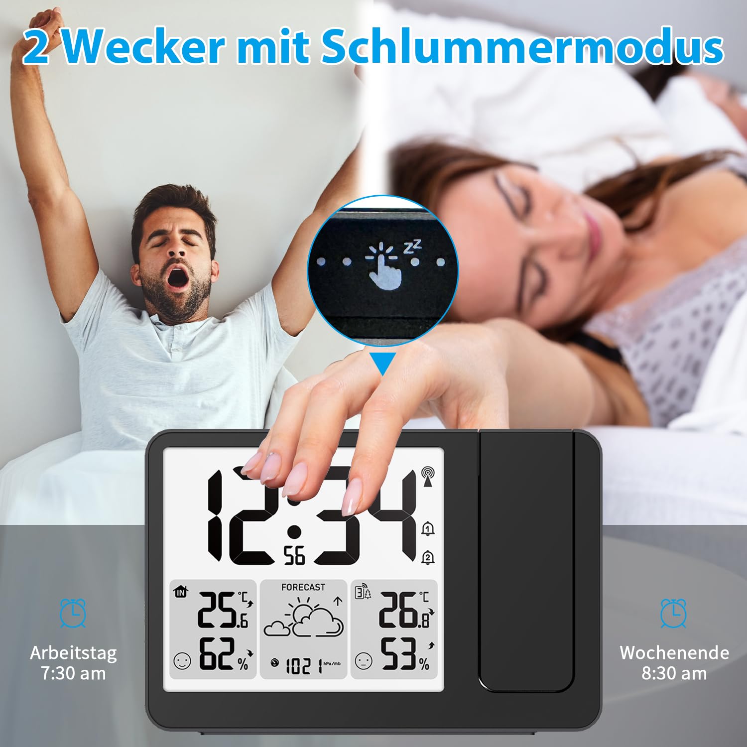 Uzoli EM3539E Projektionsuhr mit Wetterstation, DCF Funkuhr, 180° drehbare Projektion, Temperatur, Feuchtigkeit, Wettervorsage, 2 Wecker, Komfortstufen, Projektionswecker mit 1 drahtloser Außensensor