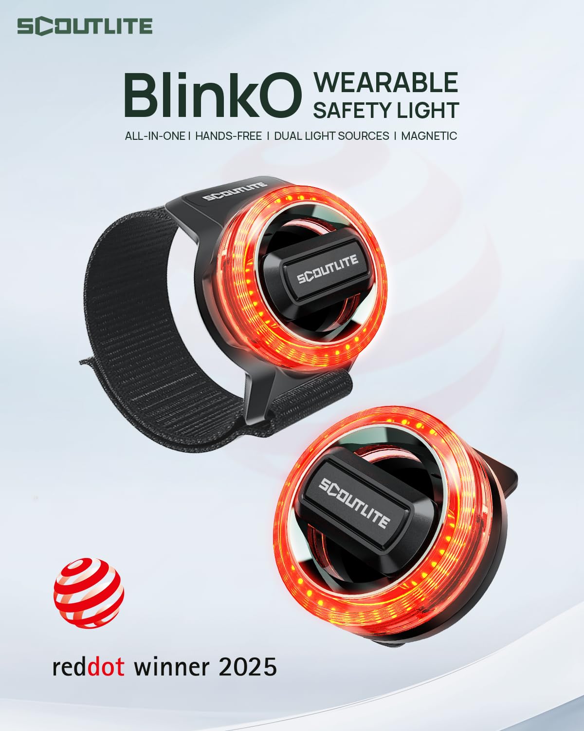 BlinkO Set 5 in 1, Wearable Outdoor Safety Light with Magnetic Clip, Wristband, Necklace and Keyring, Hands-Free EDC Flashlight, Clip-on Safety Light for Running, Hiking, Cycling, Dog Walking at Night