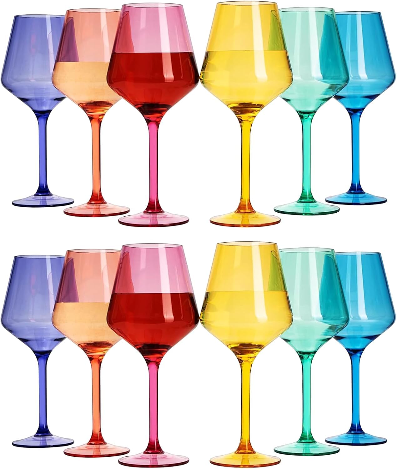 Lot de 12 verres à vin à pied en plastique incassable de style européen Tritan Couleurs vives incassables Sans BPA Pour extérieur, piscine, intérieur, lavage à la main 500 ml Cadeau quotidien et