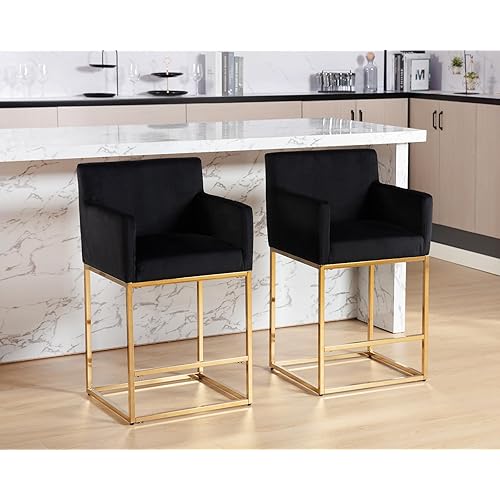 Modern Counter Height Bar Stools Set of 2, Velvet Fabric Upholstered Gold Bar Stools with Backs, 26 Inch Kitchen Island Stools with Gold Metal Frame,Black