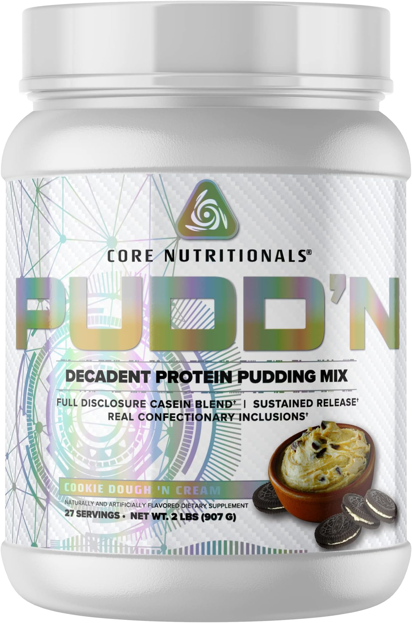 Core Nutritionals Pudd'n, Decadent Protein Pudding Mix, Full Disclosure Casein Blend, Sustained Release, 20G Protein, 27 Servings (Cookie Dough'n Cream, 2 lb)