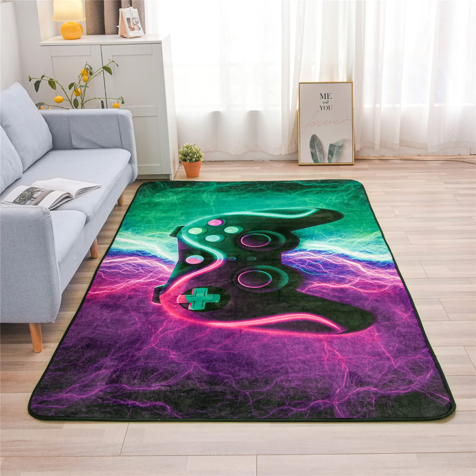 Meeting Story Gamer Gaming Area Rug Tie Dye Lightnings Gamepad Rug Games Console Action Buttons Print Carpet Indoor Floor Sofa Rugs for Kids Bedroom Living Room Game Room Decor(Green-Purple,5Ã—8 Feet)