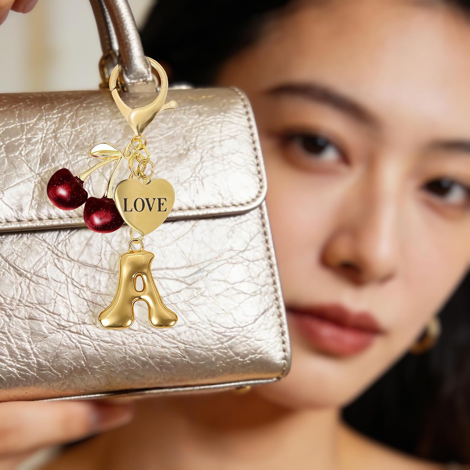 Gold Initial Keychain for Women Cherry Purse Charms for Handbag Accessories image 4
