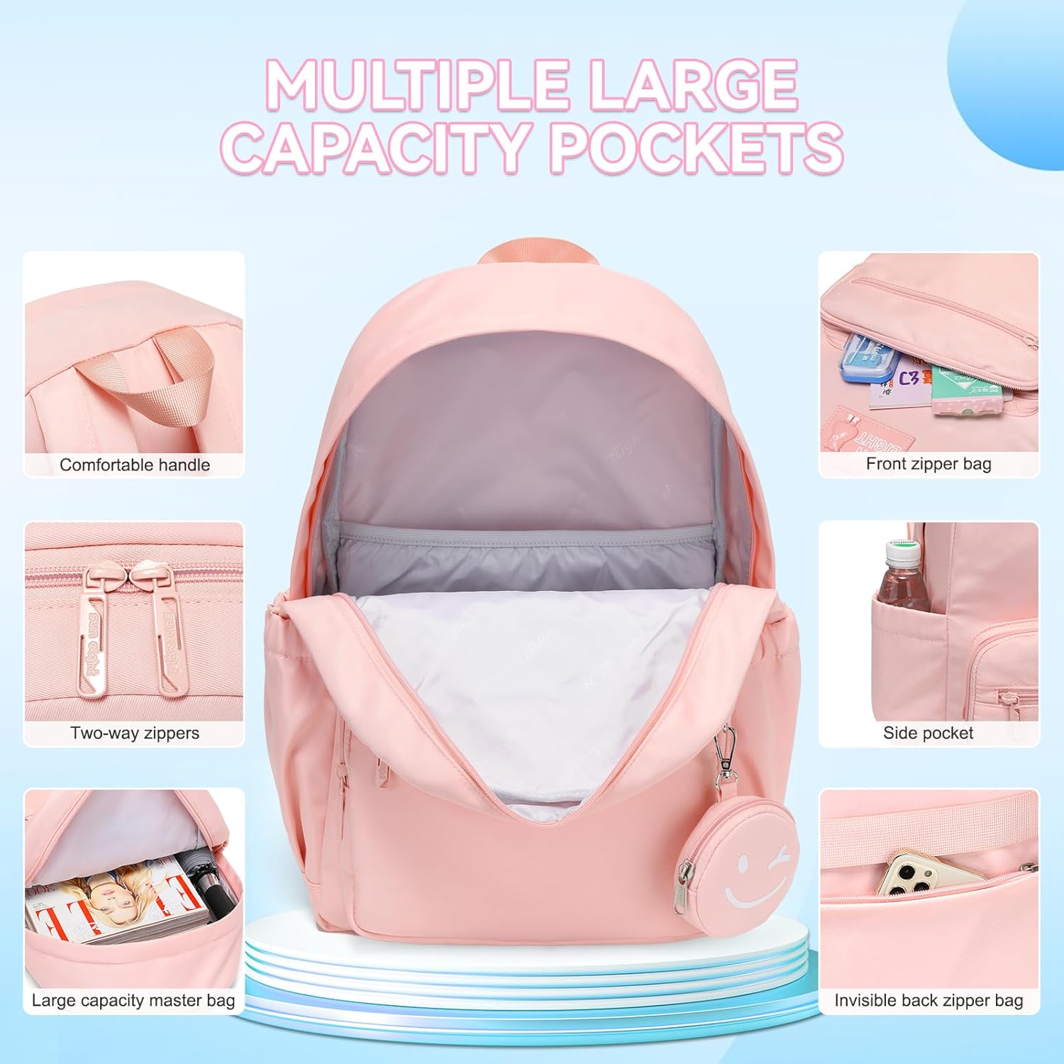 Caran·Y Waterproof School Backpack for Kids 6-18 | Lightweight Durable Girls & Boys Bookbag with Blinking Zipper Pouch Spacious for School Outdoor Travel(Pink) - Image 6