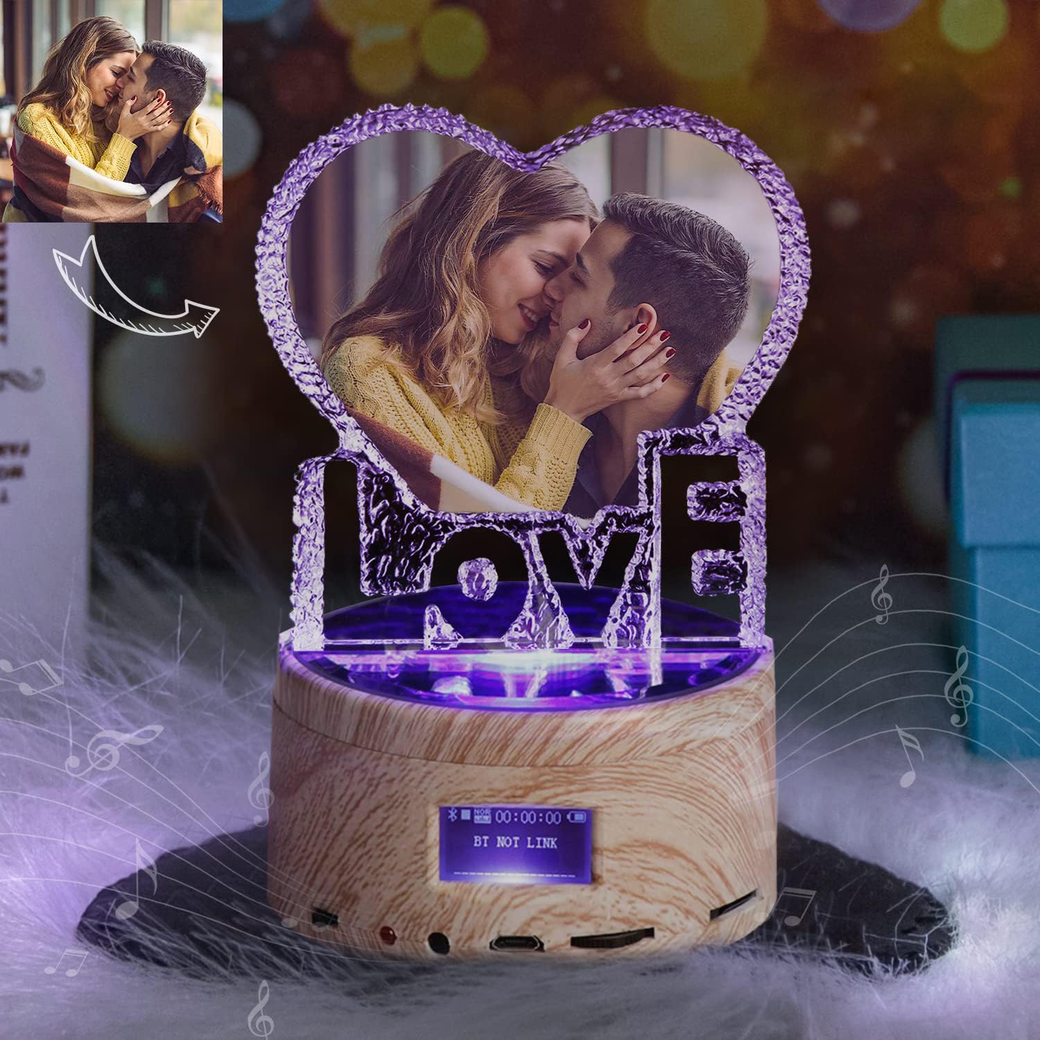 Heart-Shaped LOVE Photo Customization color print Night Light Personalized 3D Crystal Lamp 7 Color Light bluetooth rotation Crystal Photo Frame Best Gift for Couple Love Women Men Wedding Christmas