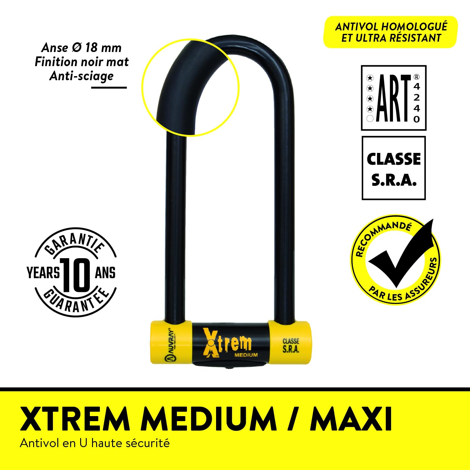 AUVRAY Antivol U Moto SRA XTREM Medium 85x250 mm – Haute Sécurité Double Verrouillage – Acier Cémenté 18 mm – Antivol Moto Scooter Homologué Assurance