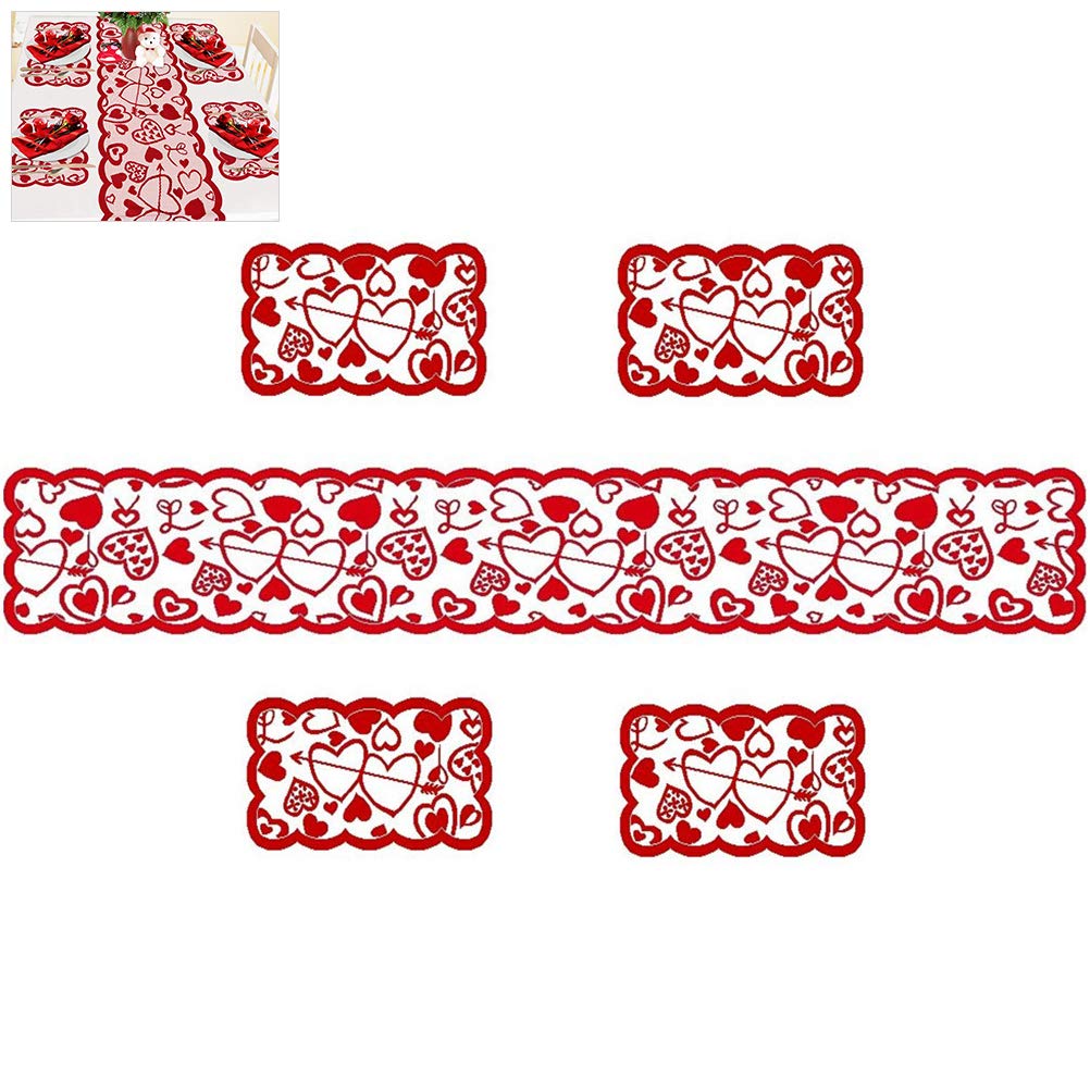 Runner Da Tavola San Valentino In Pizzo Rosso Con Cuori - Centrotavola Romantico 183x33 Cm Con Tovagliette Coordinate - Decorazioni Per Feste A Tema