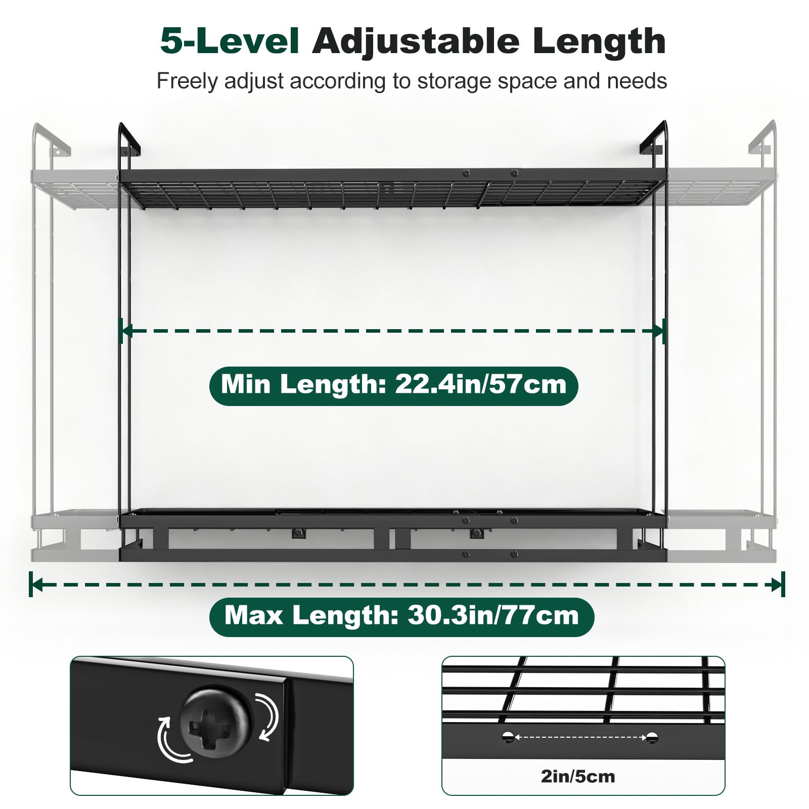 Housolution Rangement Casserole Mural, Longueur Extensible de 57 à 77 cm, Hauteur Réglable sur 3 Niveaux, Robuste Range Poele Porte Couvercle avec 12 Crochets Verticaux et 8 Porte-Couvercles