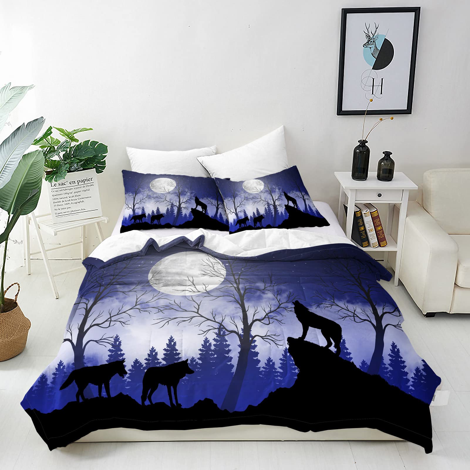 ANHOPE Wolf Duvet Cover Set Soft Comforter Cover Forest Wolves Moon Print Pattern 3 Piece Bedding Set including Pillowcase All Season Decorative Quilt Cover with Zipper for Kids Adults Double Size