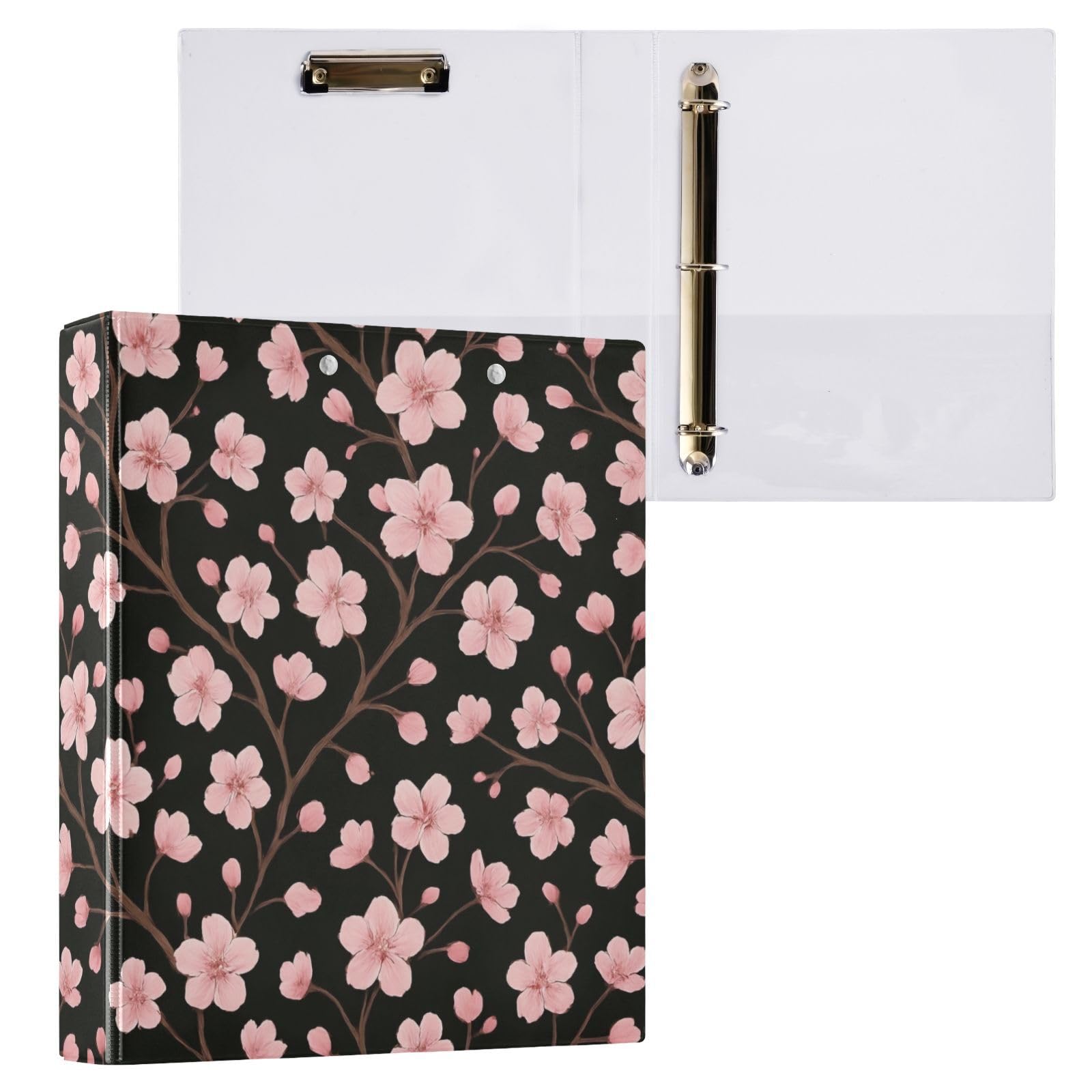 Carpeta de 3 anillos, carpeta de anillos en D negros con flores de cerezo rosa, paquete de 2 | Con portapapeles y bolsillos, para escuela, universidad, oficina
