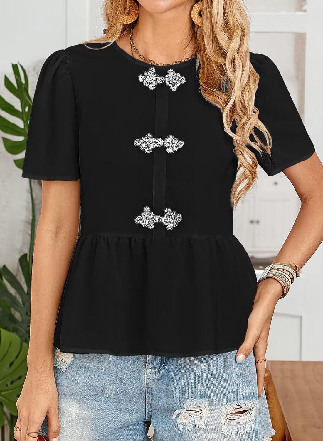 Women's Tunics Babydoll Top Short Sleeve Summer Tops Crew Neck Ruffle Pleated Blouse Tee Shirts - Image 2